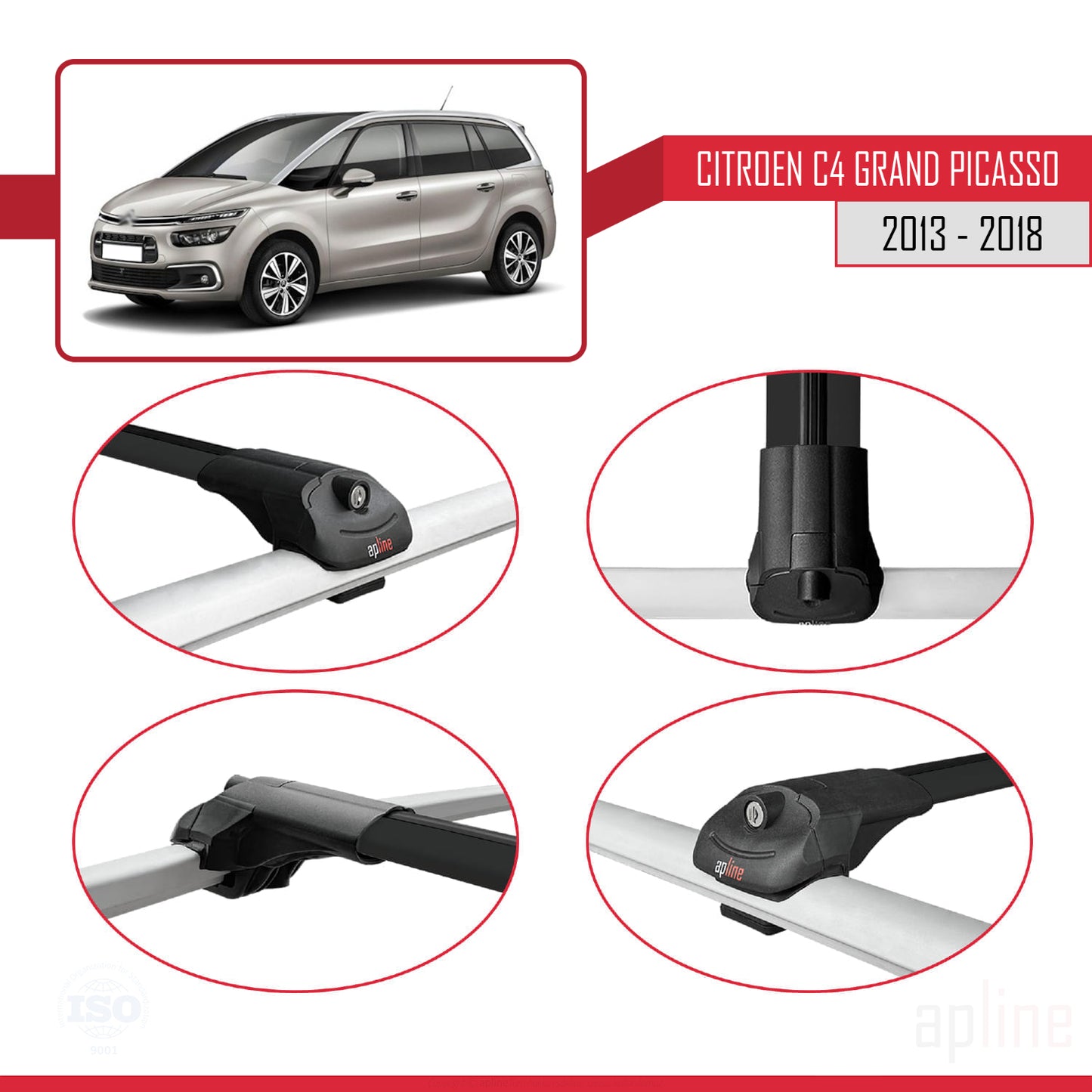 Kompatibel mit Citroen C4 Grand Picasso 2013-2018 ACE-1 Dachgepäckträger, Reling, Gepäckträger, schwarzes Aluminium, 2 Stangen
