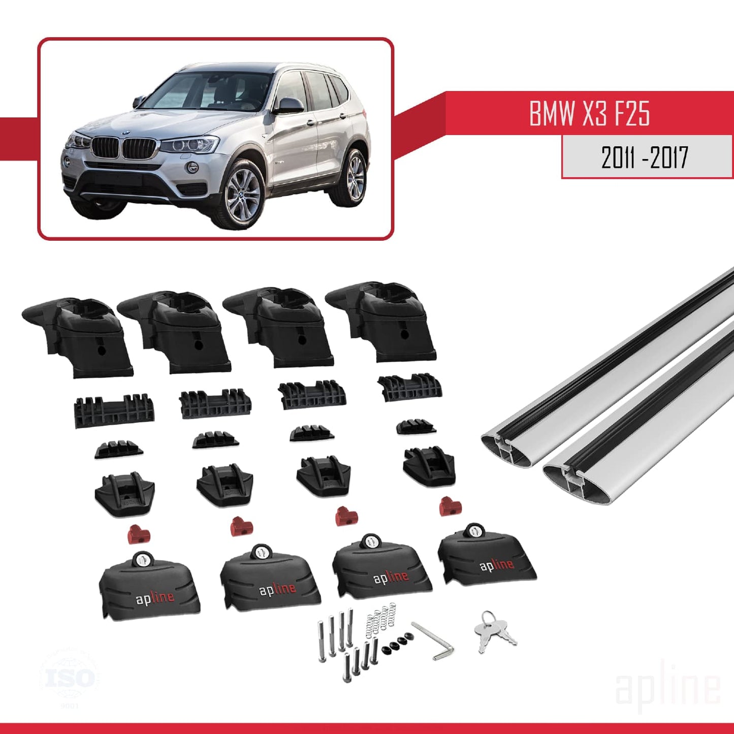 Kompatibel mit BMW X3 (F25) 2011-2017 ACE-2 Dachgepäckträger, Reling, Gepäckträger, graues Aluminium, 2 Stangen