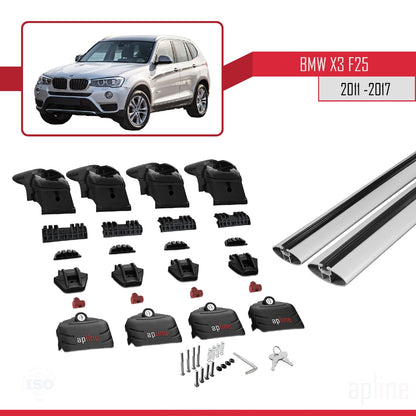 Kompatibel mit BMW X3 (F25) 2011-2017 ACE-2 Dachgepäckträger, Reling, Gepäckträger, graues Aluminium, 2 Stangen